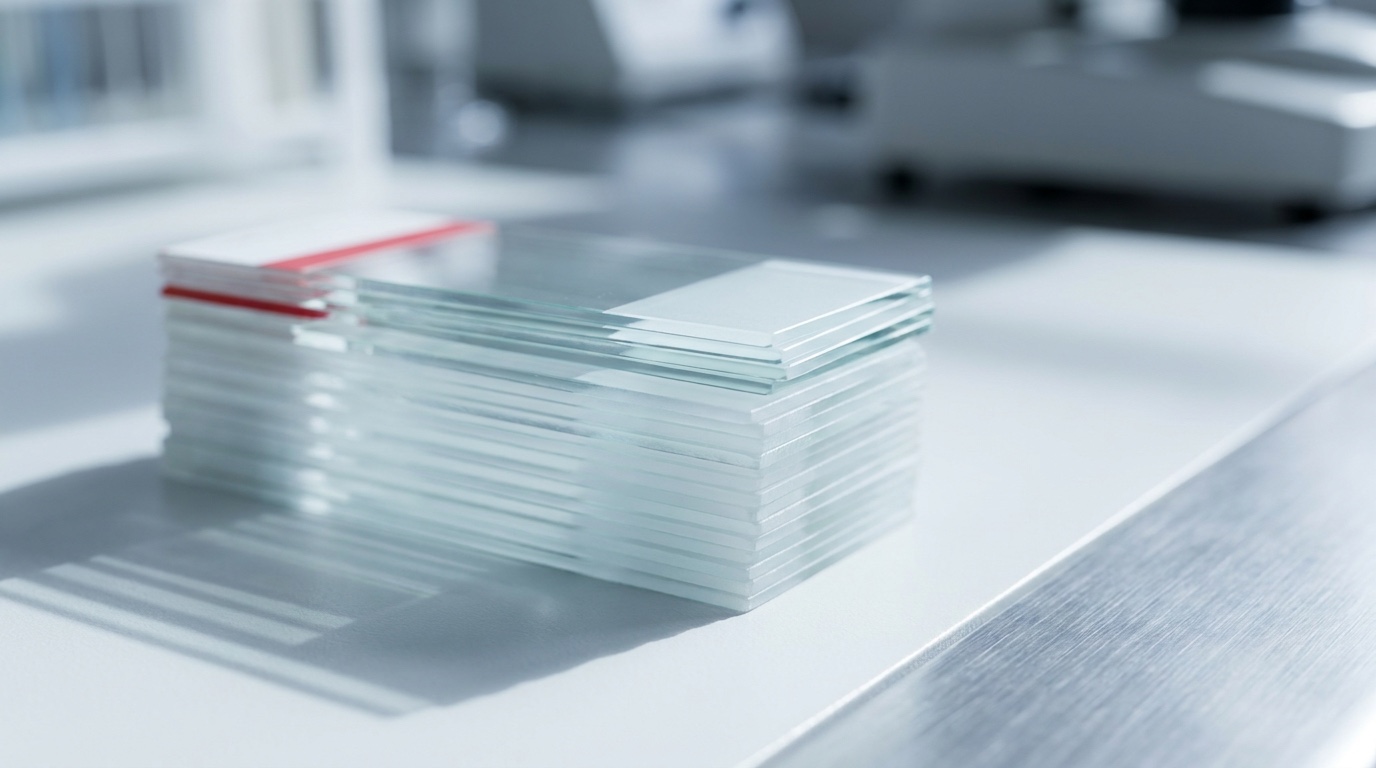 Macro photograph of laboratory glass slides in raking light on a white bench, one slide edge marked with a thin red label.